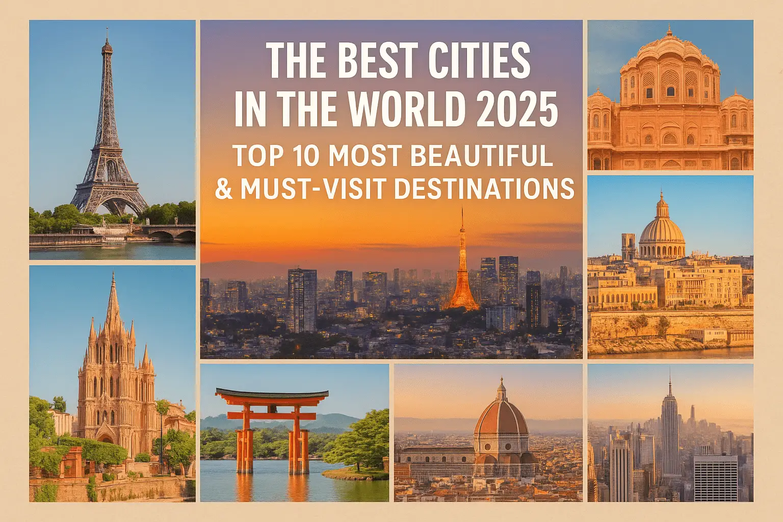 Feature image collage showing the top 10 most beautiful cities in the world for 2025, including Paris, Tokyo, Jaipur, San Miguel de Allende, Valletta, Florence, and New York City.