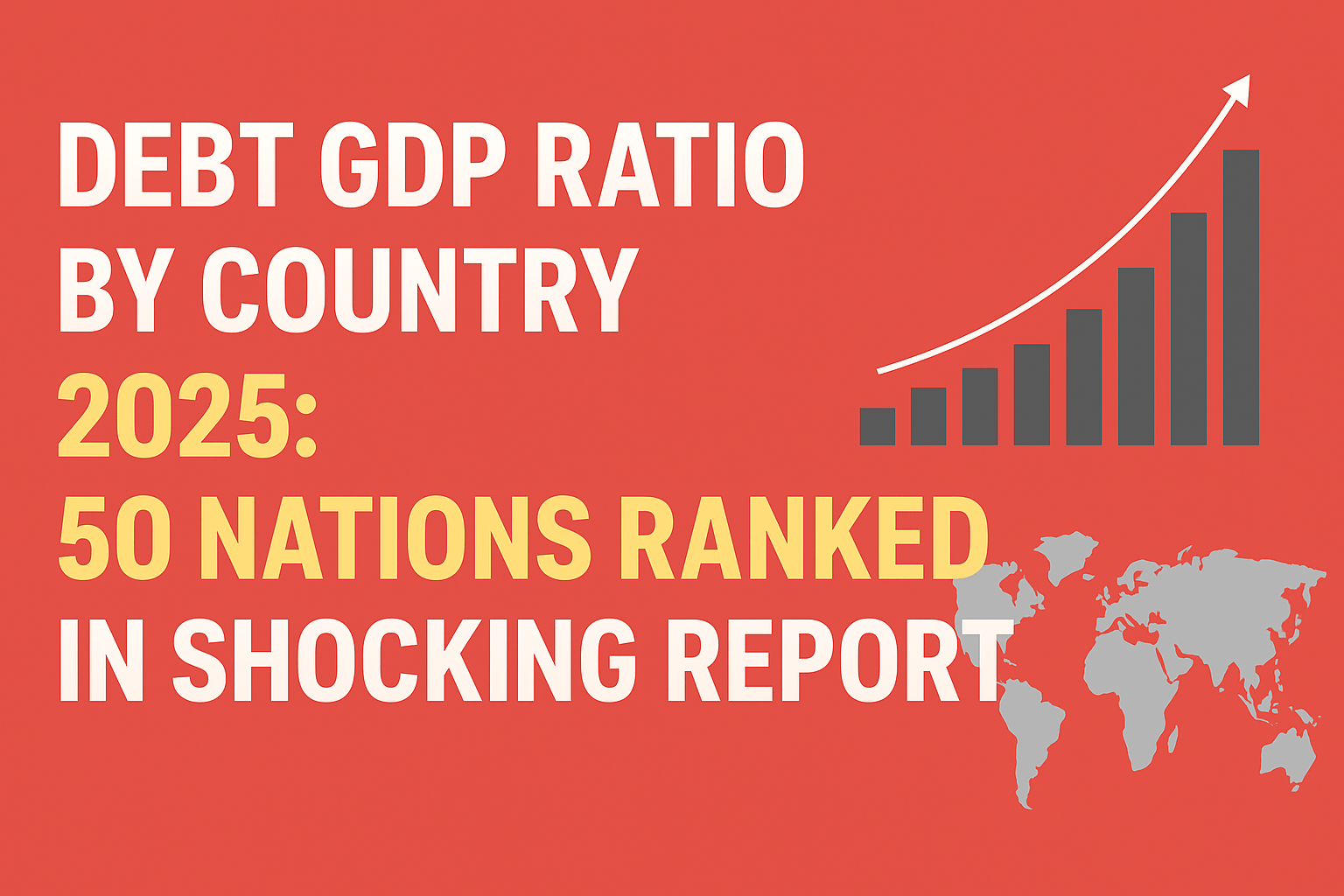 Debt GDP Ratio by Country 2025: 50 Nations Ranked” with a rising bar chart and a gray world map on a red-orange background.