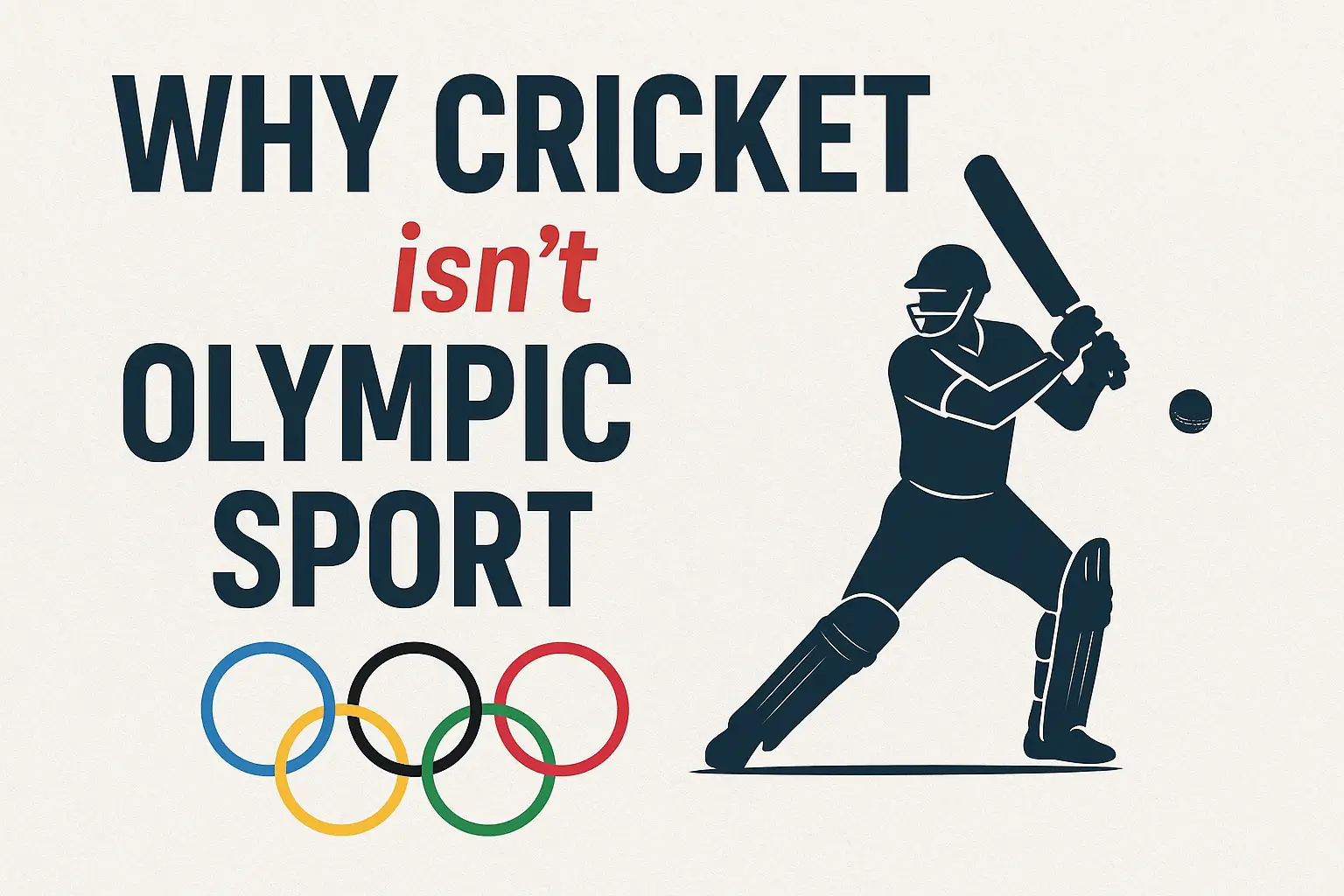 Illustration of a cricket batsman with the Olympic rings and the text ‘Why Cricket Isn’t Olympic Sport’ highlighting the reasons behind cricket’s absence from the Olympics.