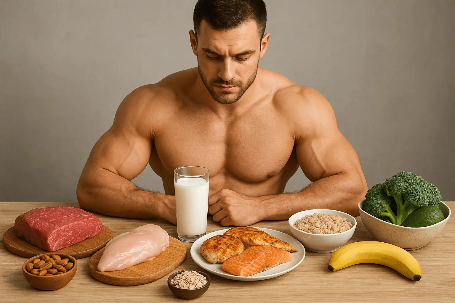 Muscular man seated at a table with protein-rich foods including chicken, salmon, beef, milk, oats, nuts, bananas, and broccoli.