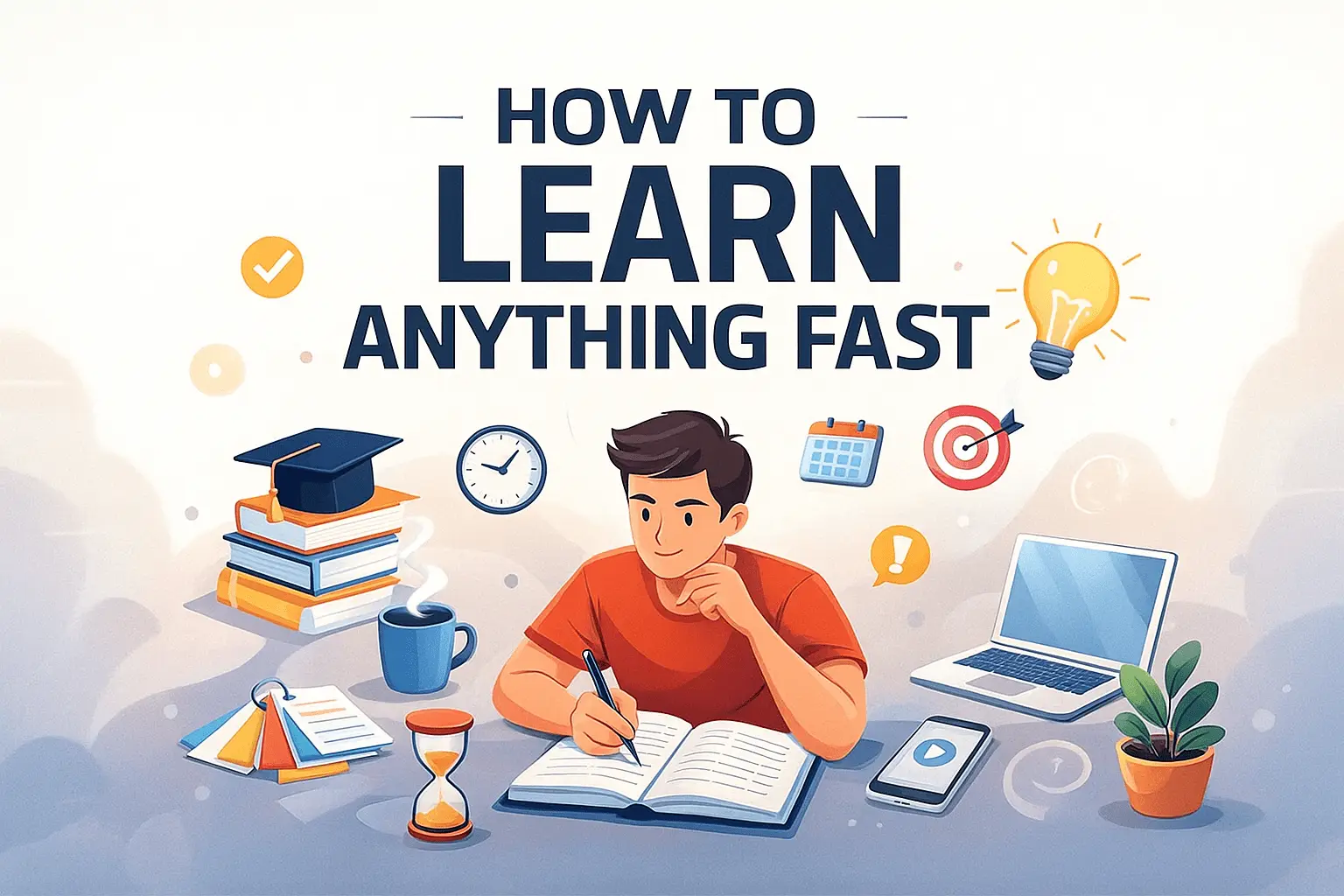 Illustration of study materials, flashcards, stopwatch, brain icon, 80/20 rule, and an open notebook representing techniques to learn anything fast.