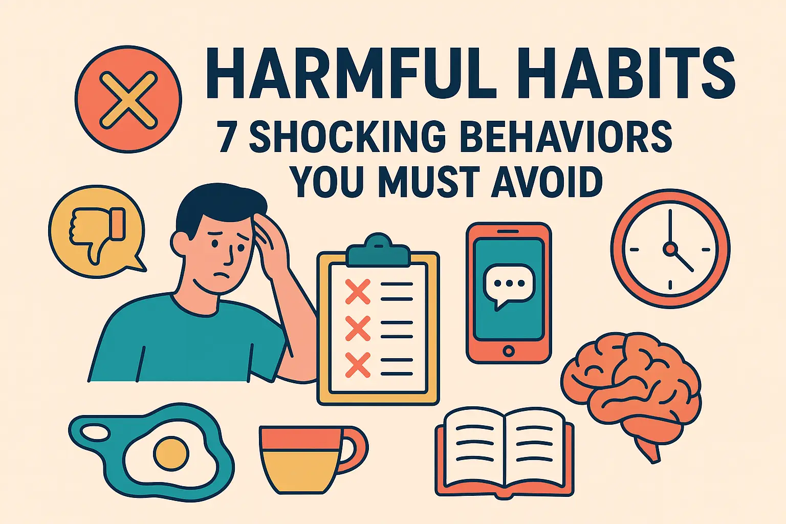 Infographic showing harmful habits with icons of a stressed person, checklist, clock, smartphone, brain, and warning symbols.