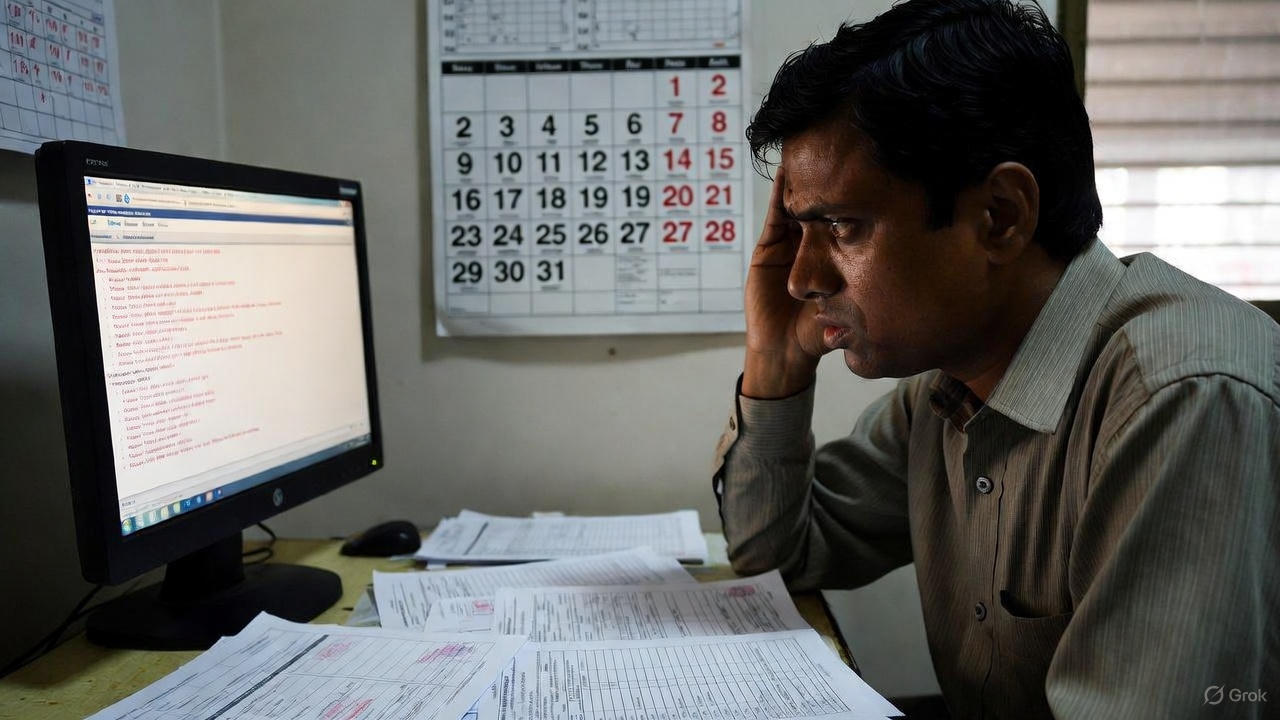 A middle-aged Indian man wearing glasses and a white shirt sits at a desk, intently looking at a computer monitor displaying what appears to be an error message or portal page. Official documents with stamps and a calendar are visible on the desk, symbolizing frustration over delayed EPFO claims affecting salaried workers.