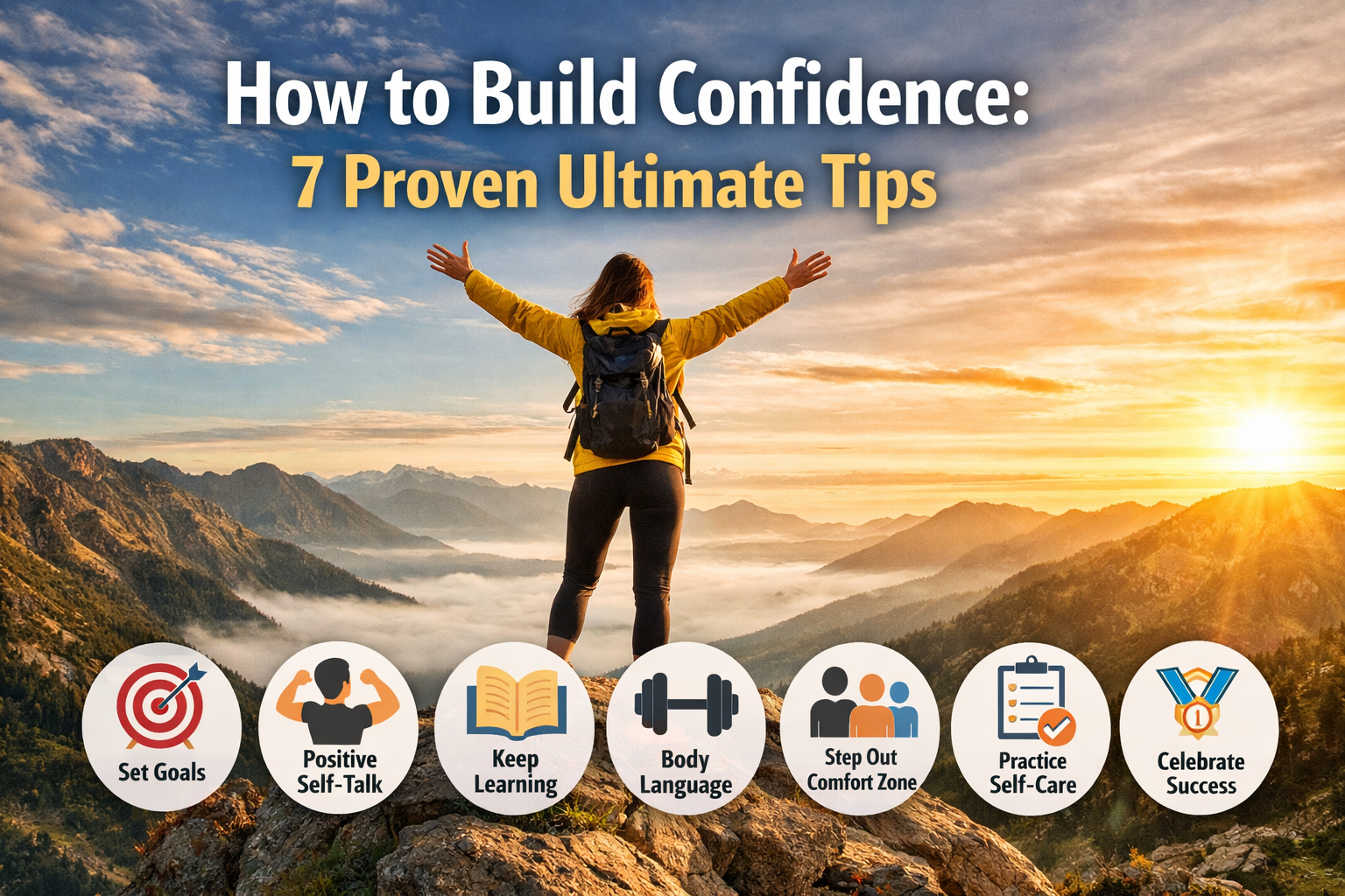 Person standing confidently on a mountain peak symbolizing self-belief and personal growth for building confidence